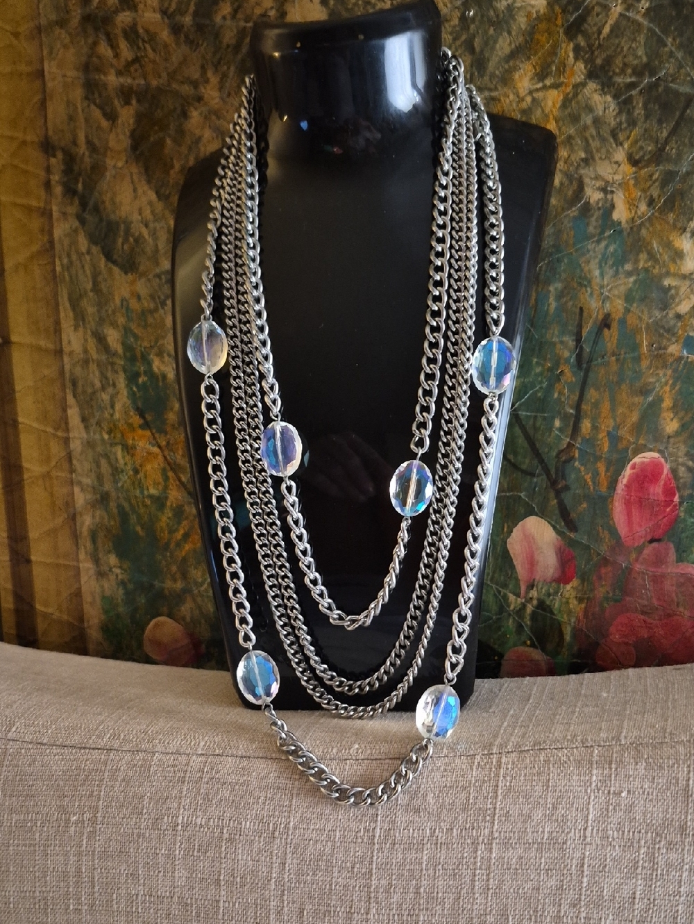 Banana Republic Multi Cuban Silver AB Iridescent crystal Beaded Layered Necklace - Picture 5 of 7